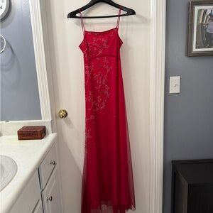 BCBG Elegant Red Maxi Dress with Silver Details